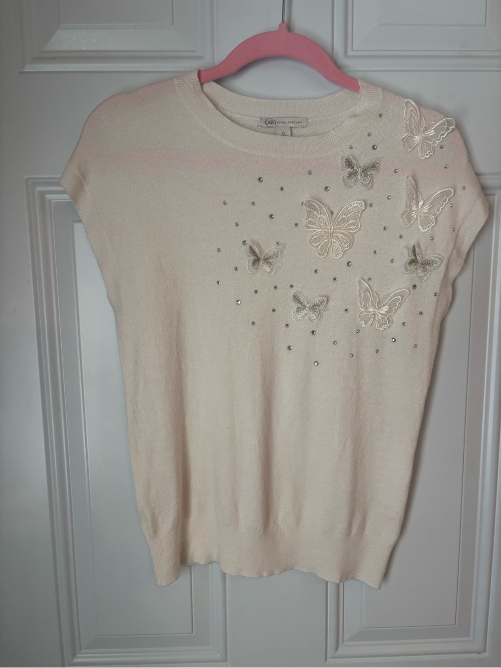 Cato Cream Embellished Knit Tee with Rhinestone Accents